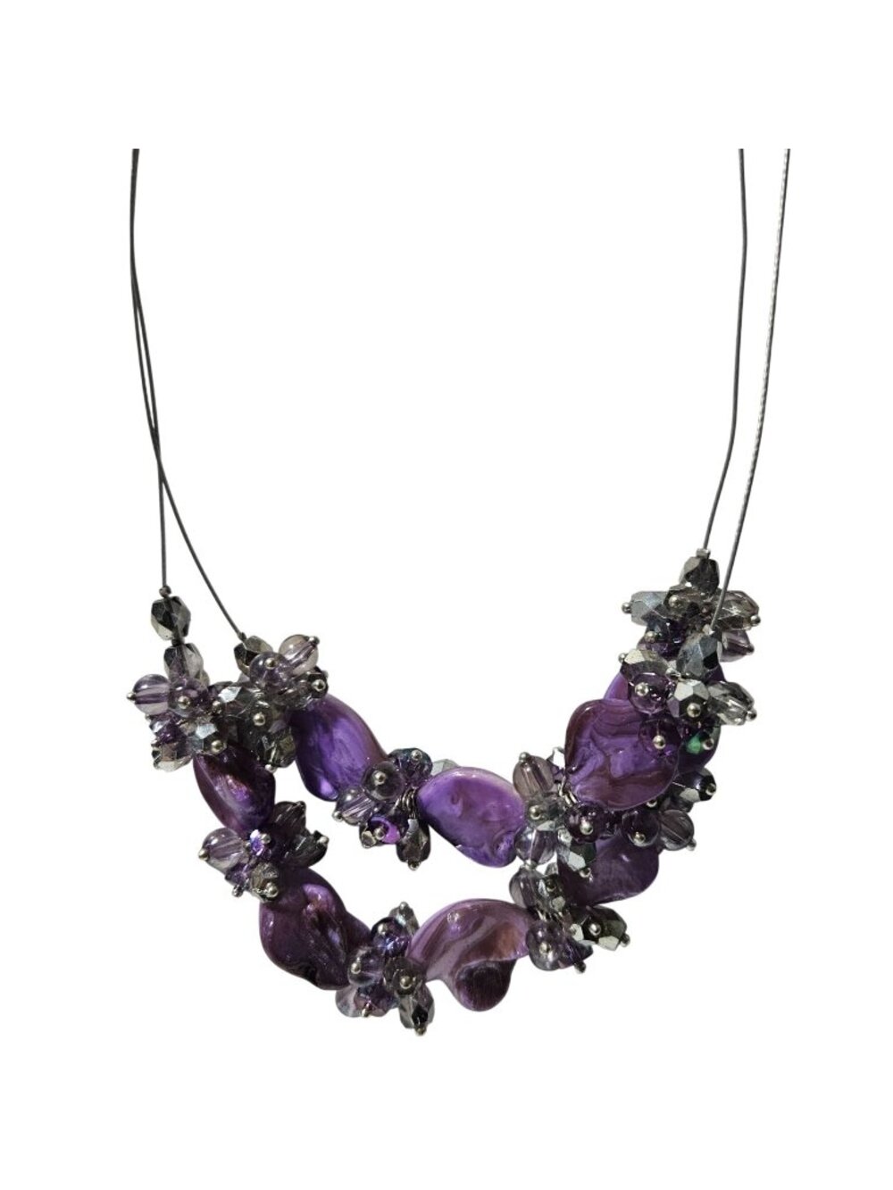 Purple Beaded Cluster Necklace Double Strand Iridescent Faceted Beads Boho Glam